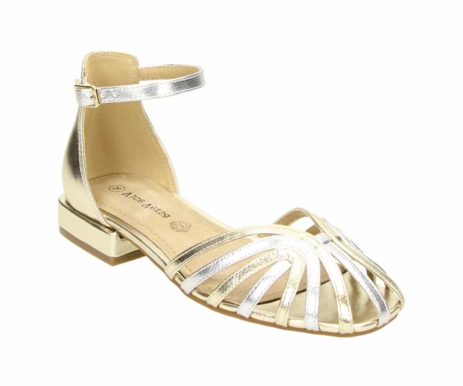 With its gold-silver Pu metallic design and shimmering straps, these sandals are perfect for sunny days or special occasions.