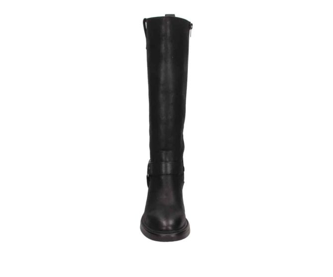 This biker boot features strap accents and bold buckle hardware for a rugged yet stylish vibe.
